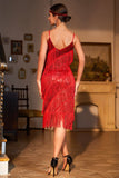 Red Spaghetti Straps Sequins Fringed Flapper Formal Dress