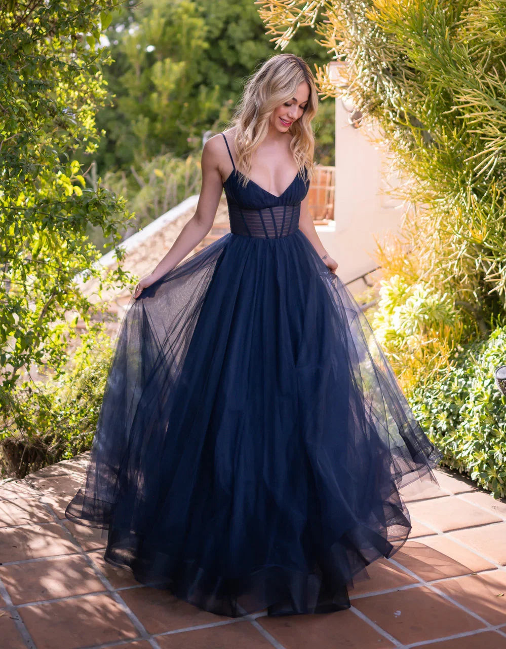Yasmin Gown Navy Tulle A line Dress With Pleated Bodice