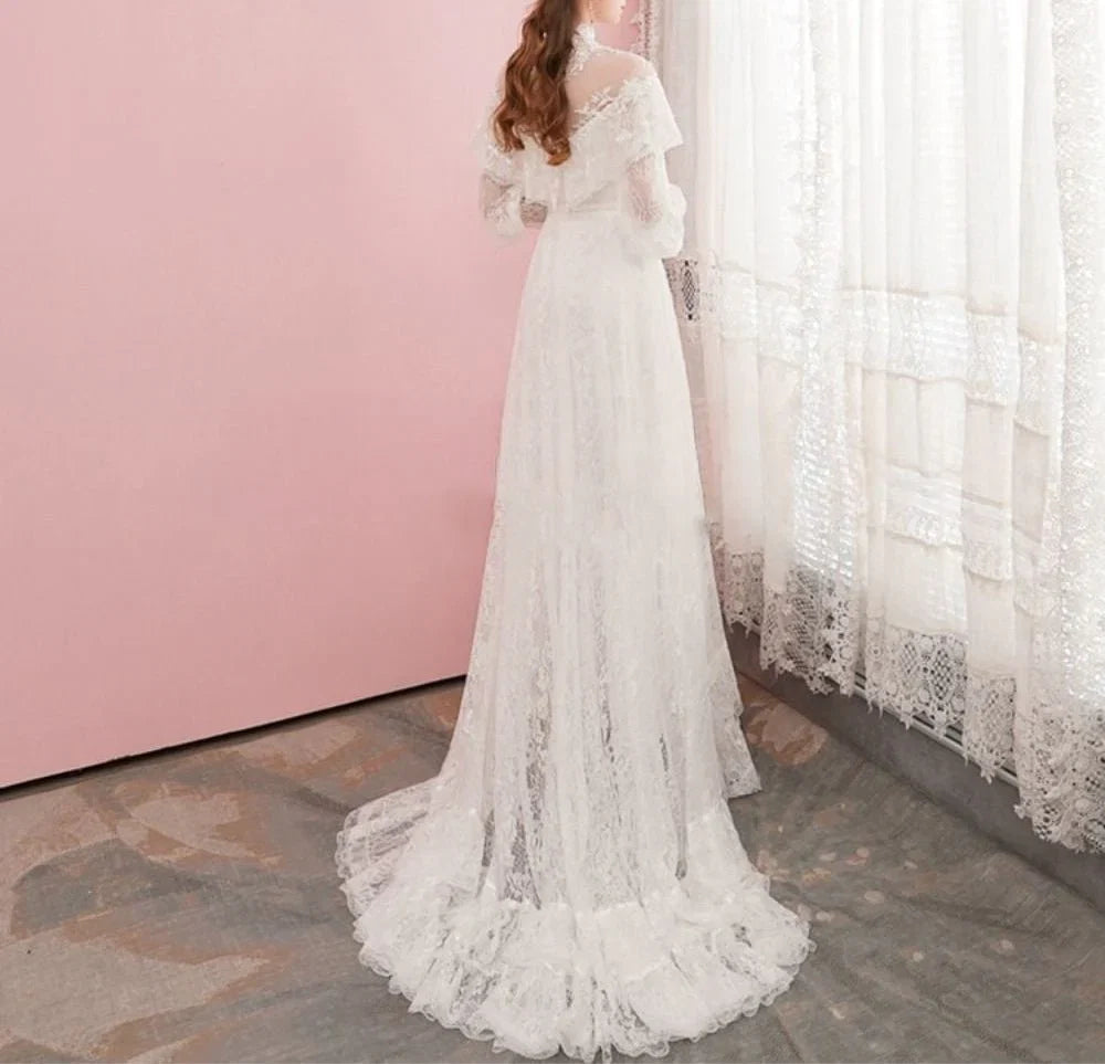 A Line Lace Appliques Illusion Neck Wedding Dresses