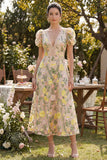 A Line Champagne V Neck Floral Wedding Guest Dress with Puff Sleeves