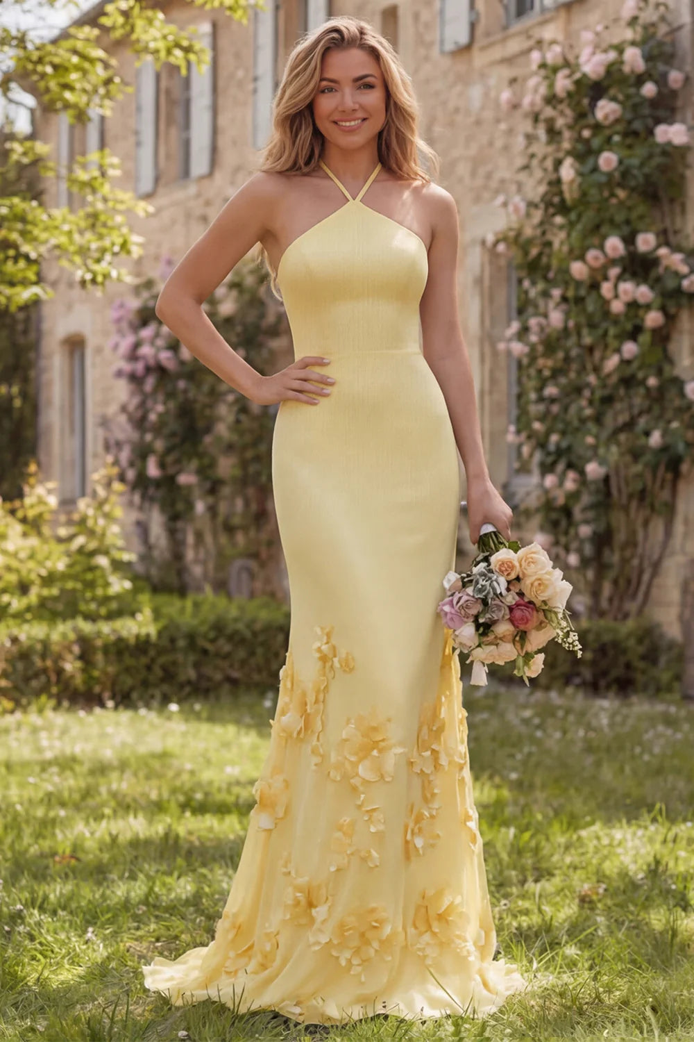 Daffodil Mermaid Halter Long Bridesmaid Dress with 3D Flowers