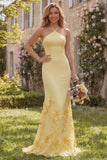 Daffodil Mermaid Halter Long Bridesmaid Dress with 3D Flowers