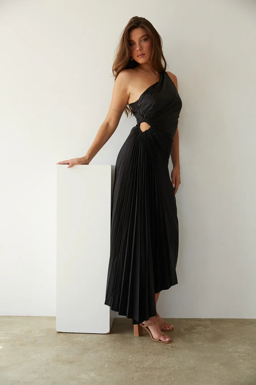 Zora One Shoulder Pleated Midi Dress