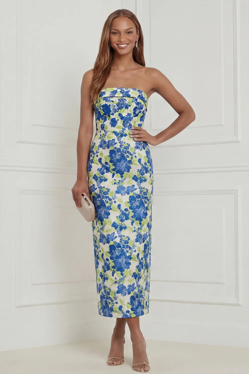 Strapless Fuchsia Sheath Floral Midi Wedding Guest Dress with Bow