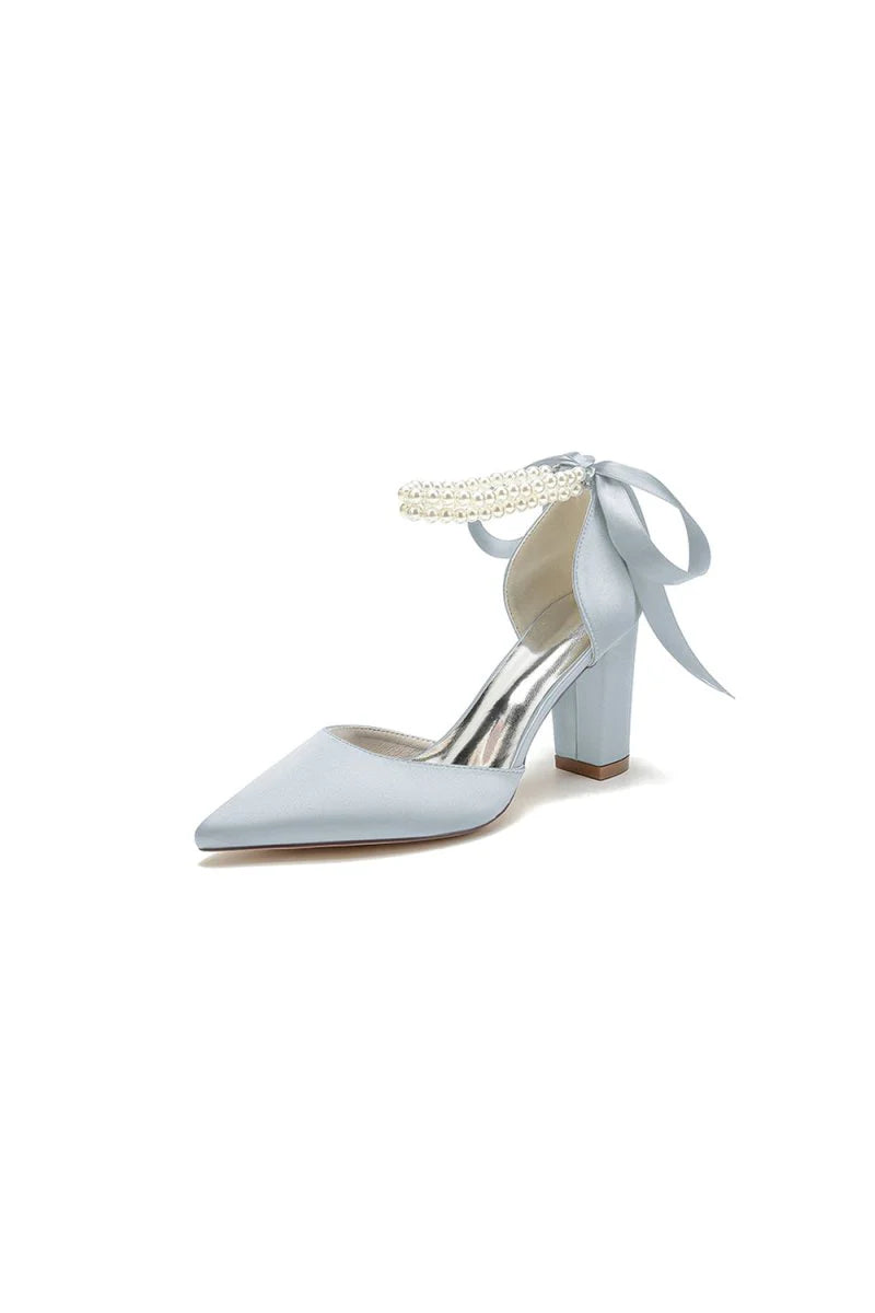 Pointed Toe Pearl Ribbon Ankle Strap Chunky Heel