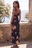Black Square Neck Ruched Floral Wedding Guest Dress