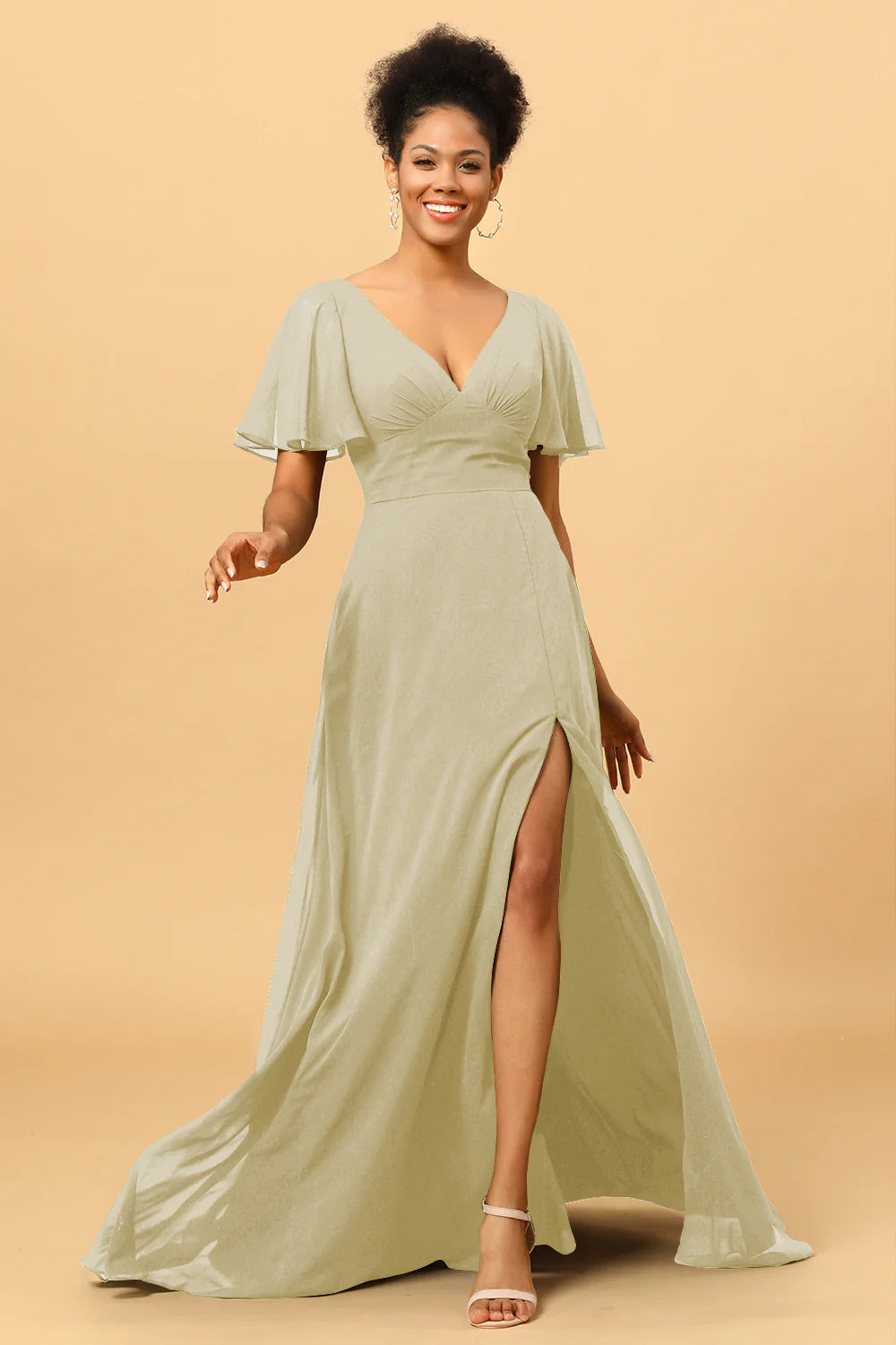A Line V Neck Long Chiffon Bridesmaid Dress with Slit