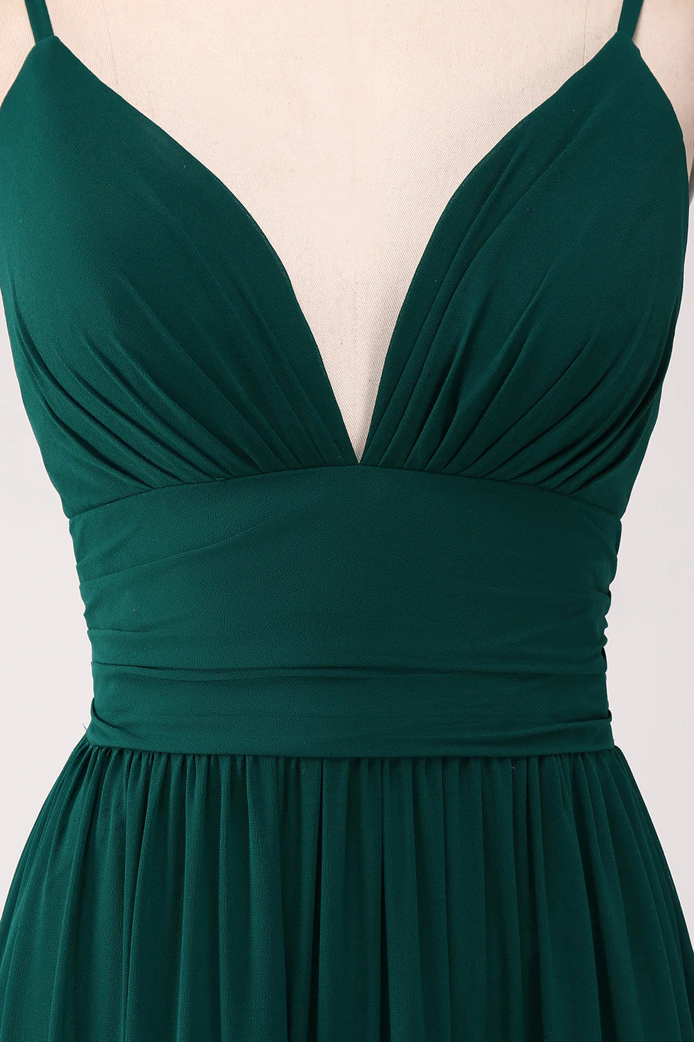 Dark Green A Line Spaghetti Straps Tiered Pleated Floor Length Bridesmaid Dress