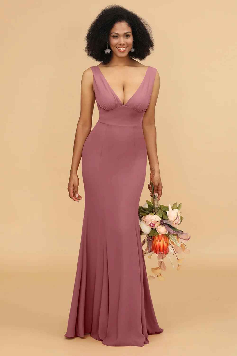 Mermaid V neck Open Back Long Chiffon Bridesmaid Dress With Ruffles