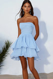 Black Strapless A Line Pleated Homecoming Dress with Ruffles