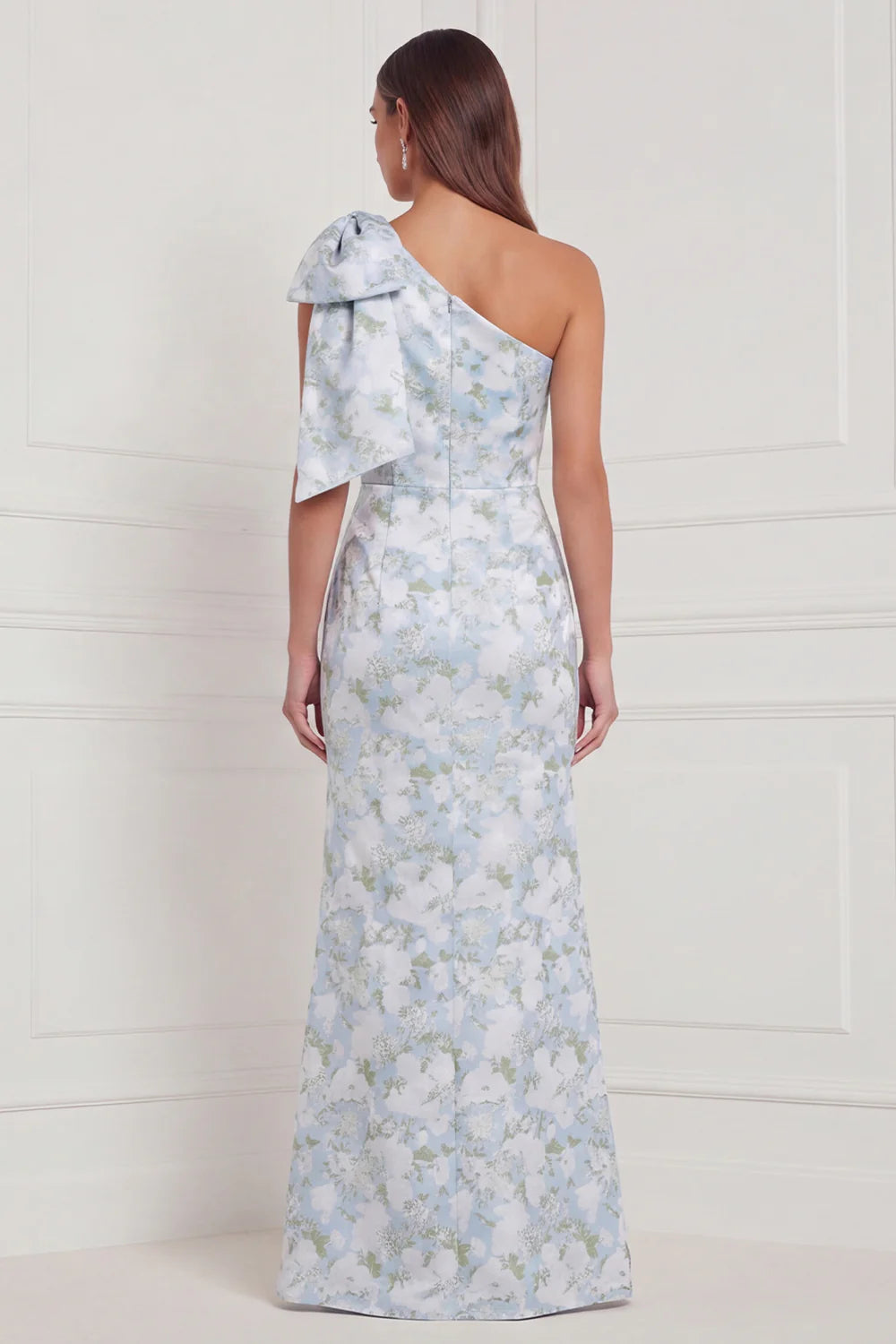 One Shoulder Blue White Flower Mermaid Bridesmaid Dress with Slit