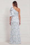 One Shoulder Blue White Flower Mermaid Bridesmaid Dress with Slit