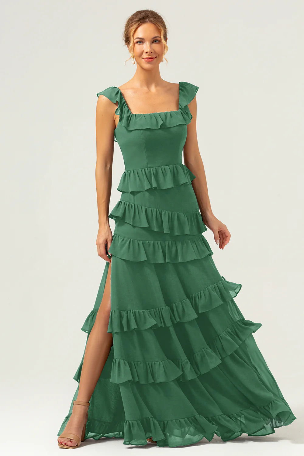 Dark Navy A Line Square Neck Tiered Long Chiffon Bridesmaid Dress with Ruffles