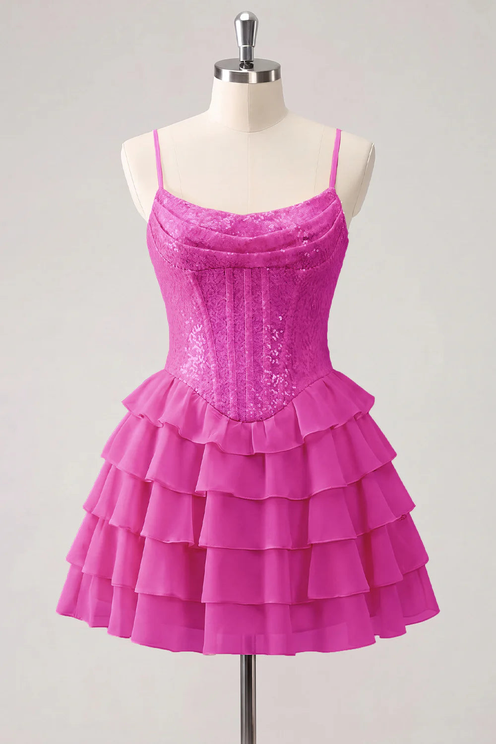 Champagne A Line Sequin Tiered Ruffle Short Homecoming Dress