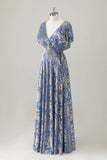 Grey Blue A Line V Neck Burnout Velvet Maxi Bridesmaid Dress with Cape Sleeves