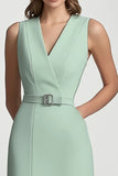 Mint Green A Line V Neck Midi Formal Dress With Belt