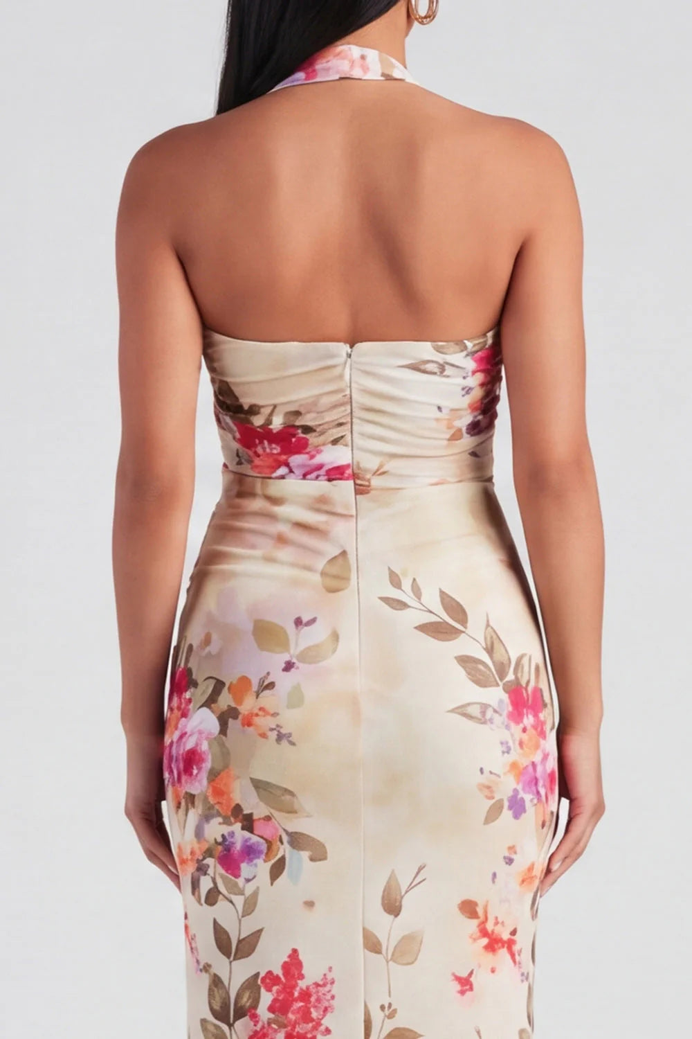 Champagne Halter Floral Wedding Guest Dress