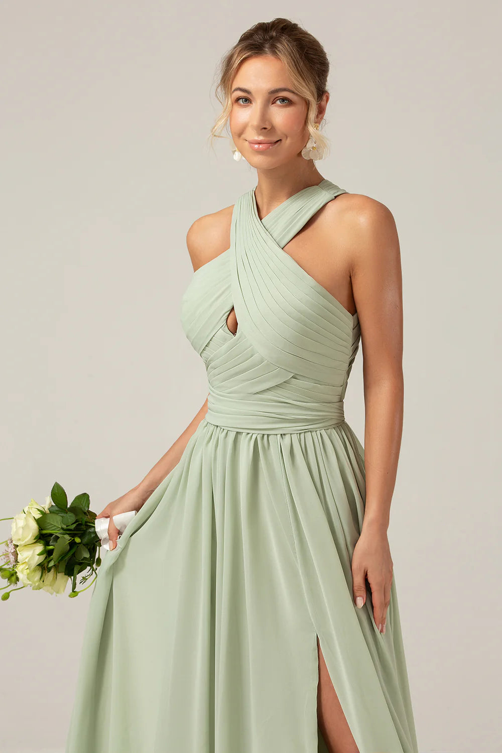 Dusty Sage A Line Halter Pleated Long Maternity Bridesmaid Dress