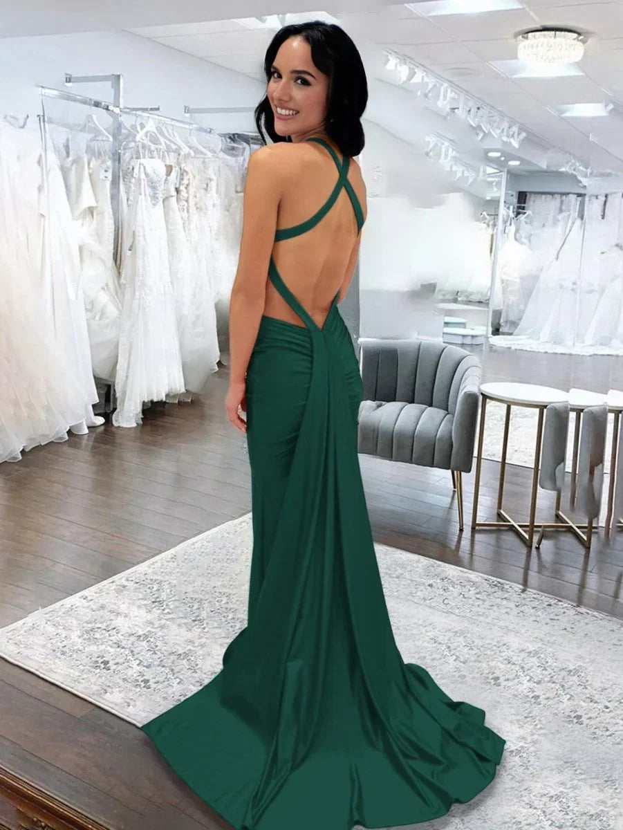 Angela Mermaid Pink V Neck Backless Satin Long Prom Dress