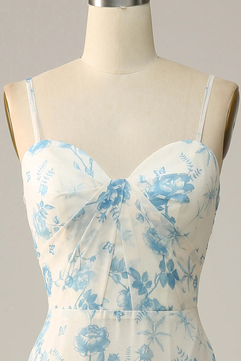 White Blue Flower A Line Spaghetti Straps Chiffon Floor Length Bridesmaid Dress