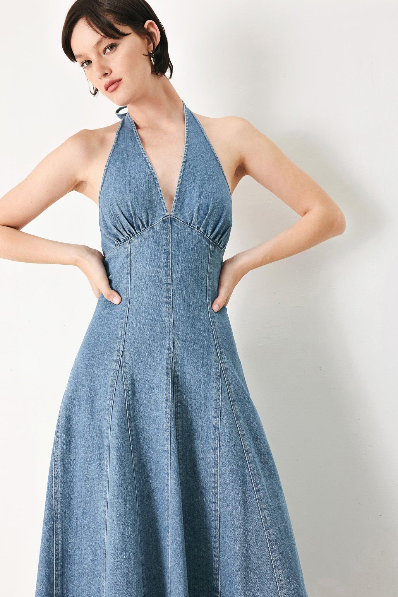 BLUE HALTER DENIM MIDI DRESS