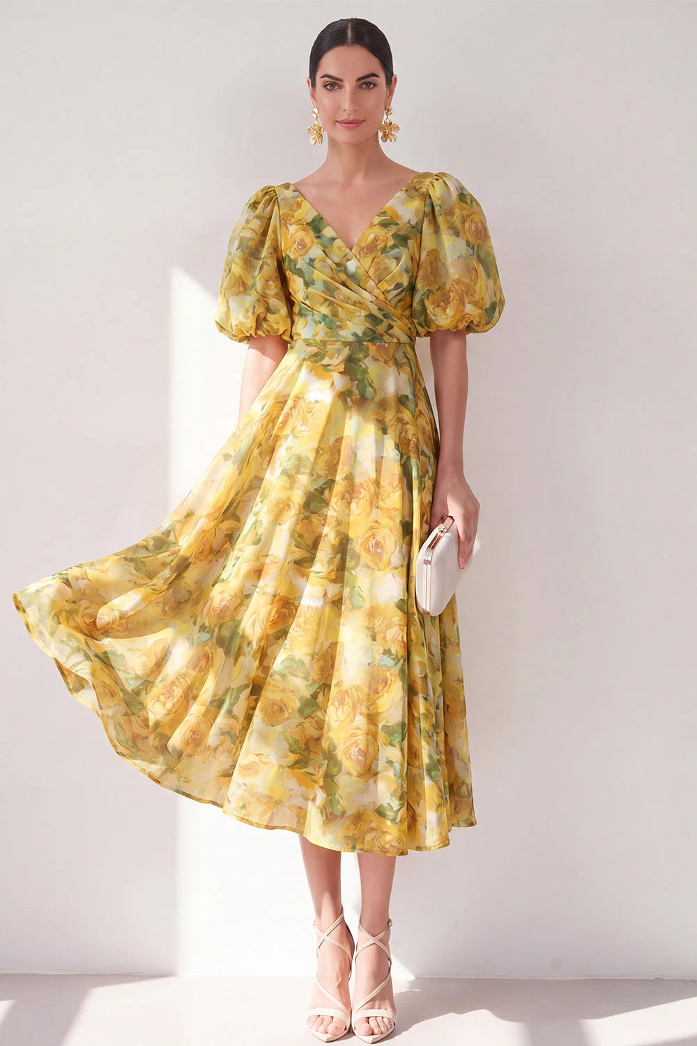 Yellow Floral A Line V Neck Wedding Guest Dress with Puff Sleeves
