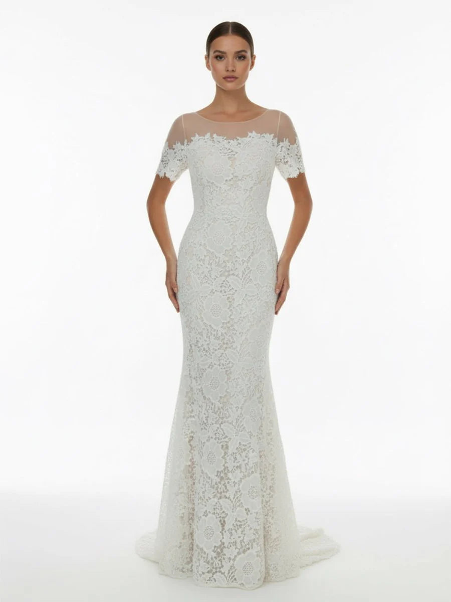 Mermaid Scoop Illusion Neck Floral Wedding Dress