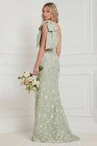 One Shoulder Sage Floral Jacquard Mermaid Bridesamid Dress with Slit