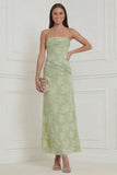 Sage Green Strapless Floral Sheath Midi Wedding Guest Dress