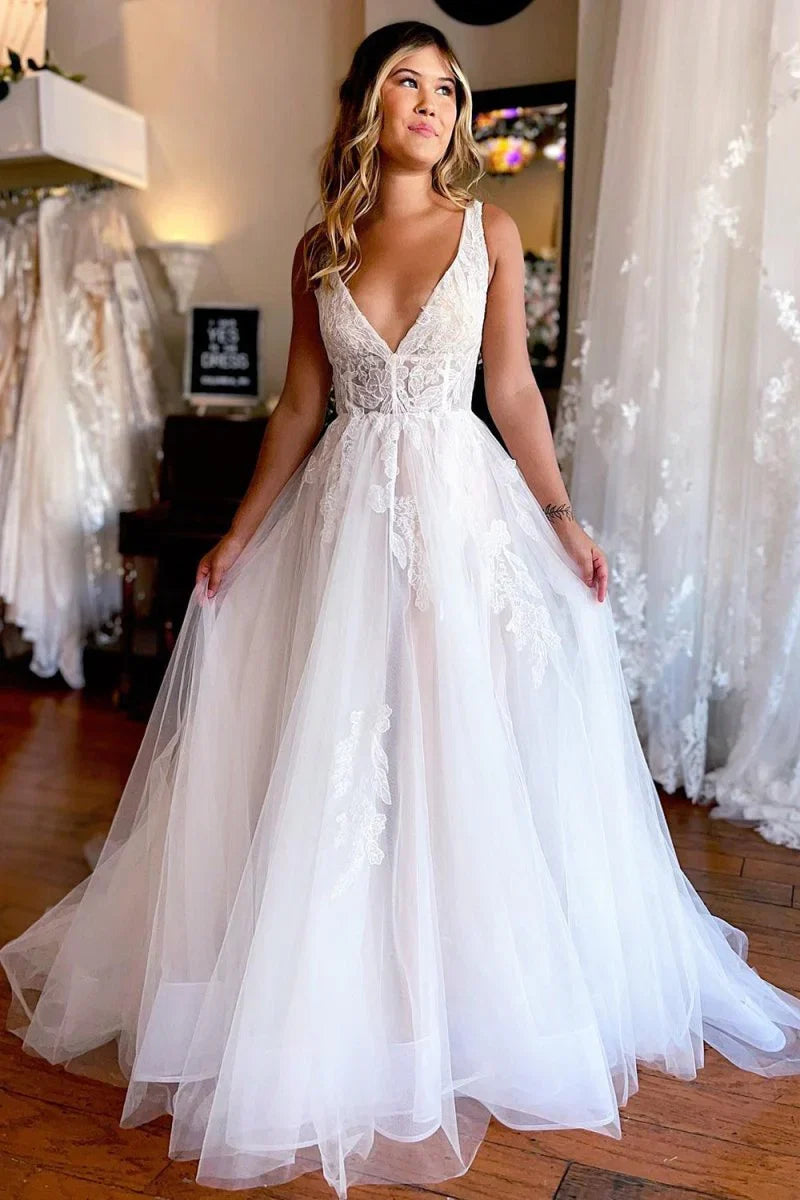 Ivory A Line Deep V Neck Backless Long Wedding Dress with Lace