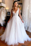 Ivory A Line Deep V Neck Backless Long Wedding Dress with Lace