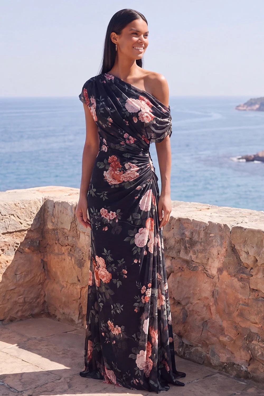 One Shoulder Ivory Floral Sheath Wedding Guest Dress with Slit