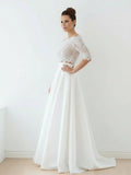 Off The Shoulder Lace A Line Satin Two Piece Wedding Dress With Sweep Train