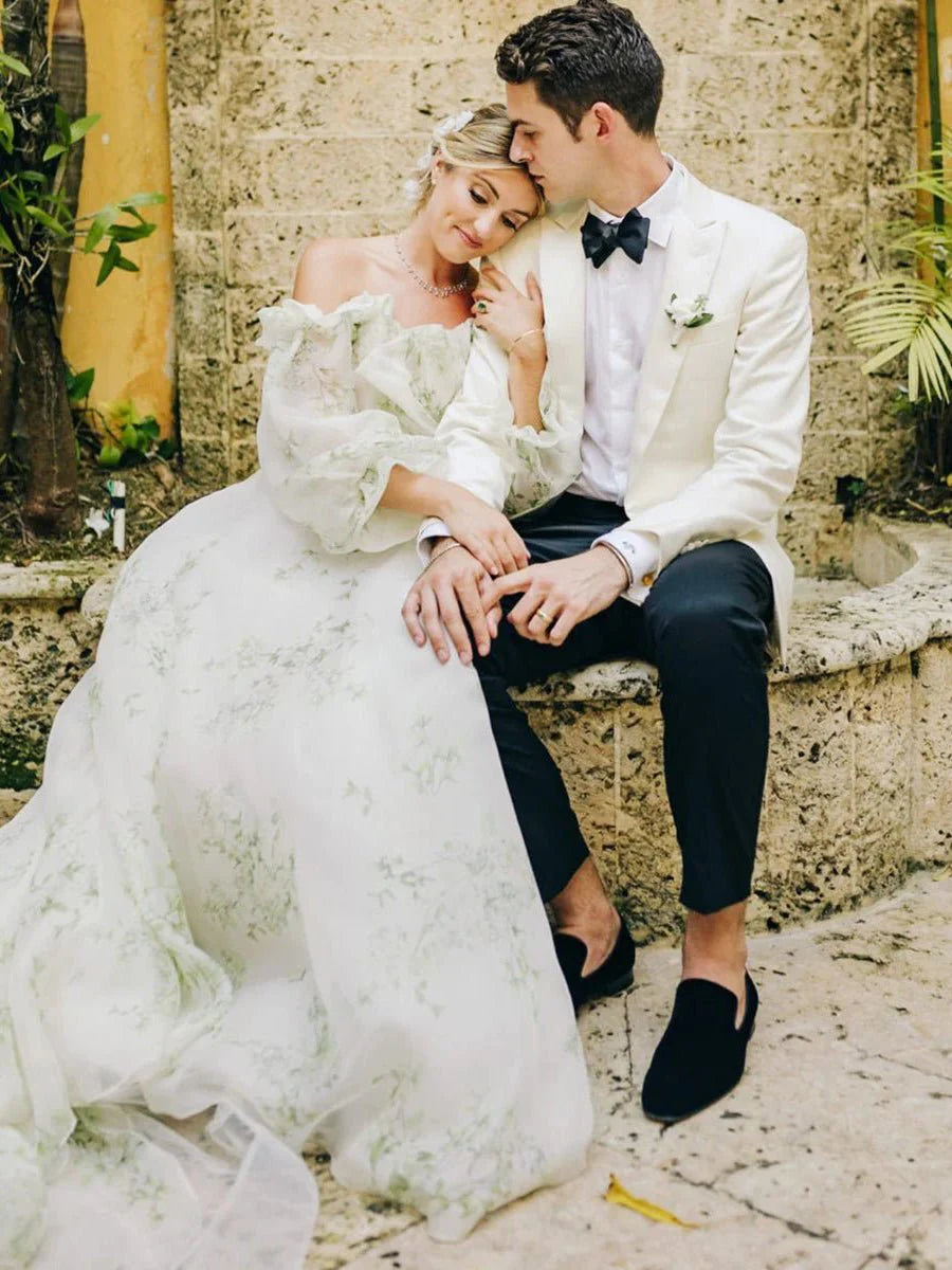 A Line Floral Appliqued Majesty Bridal Wedding Dress with Ruffles