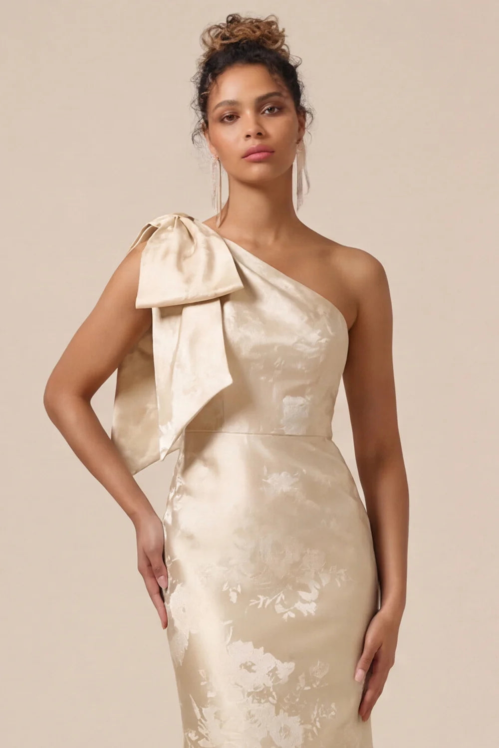 Blush Pink Mermaid One Shoulder Floral Long Bridesmaid Dress with Bow