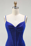Glitter Mermaid Corset Ruched Royal Blue Long Prom Dress with Slit