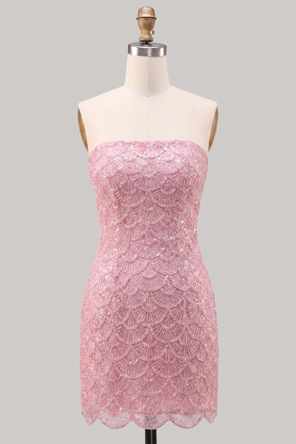 Sparkly Pink Strapless Bodycon Homecoming Dress with Lace up Back