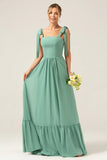A Line Spaghetti Straps Pleated Floor Length Eucalyptus Bridesmaid Dress