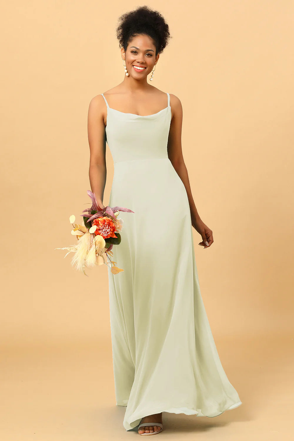 Sheath Spaghetti Straps Long Chiffon Bridesmaid Dress