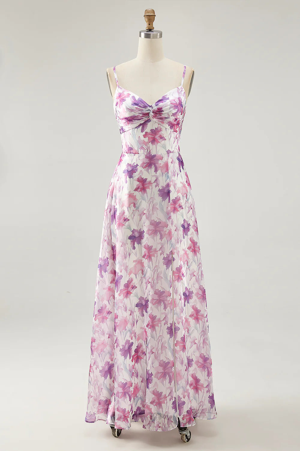 Purple Flower A Line Spaghetti Straps Front Knot Print Maxi Dress with Slit