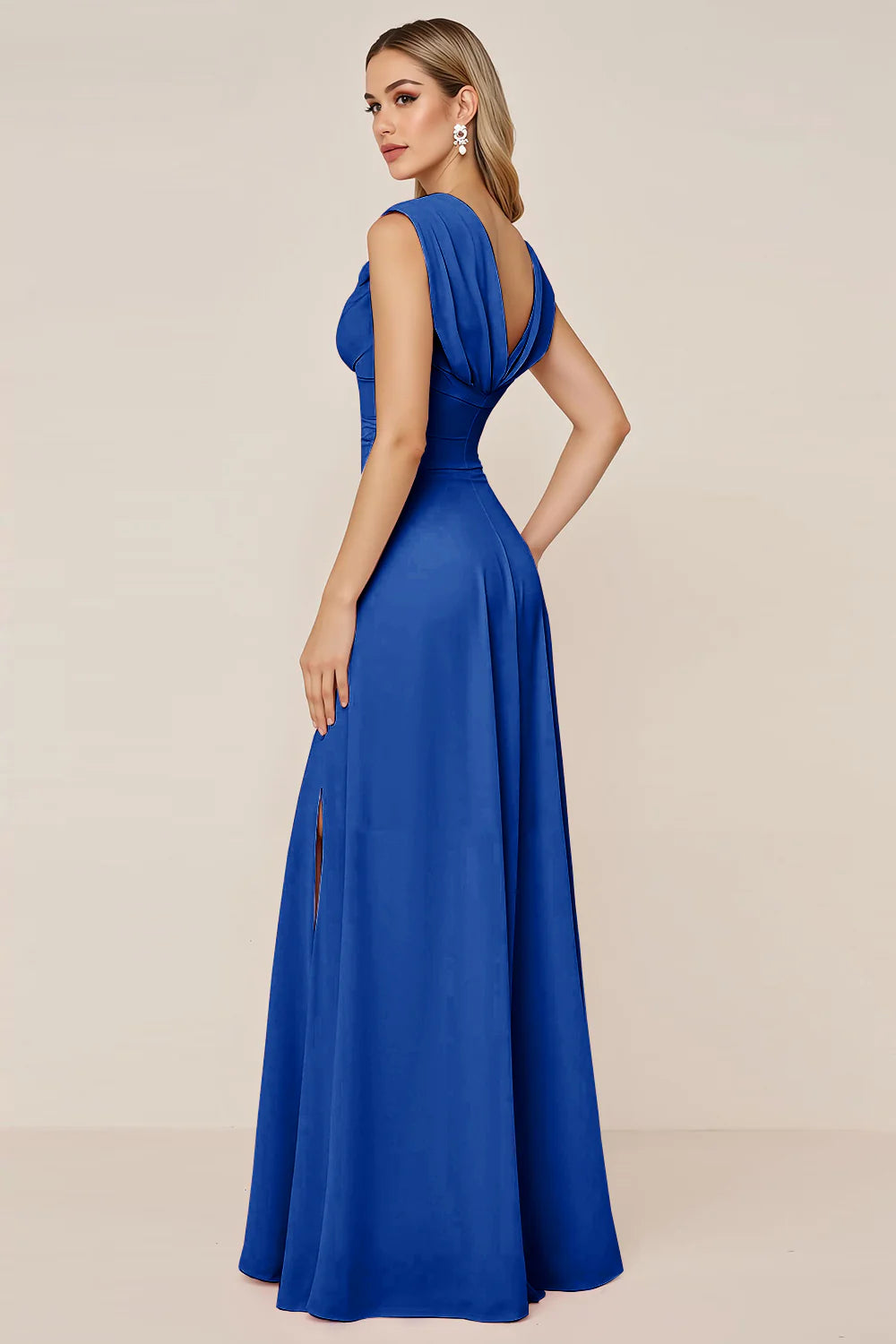 Candy Pink A Line Cowl Neck Long Bridesmaid Dress with Slit