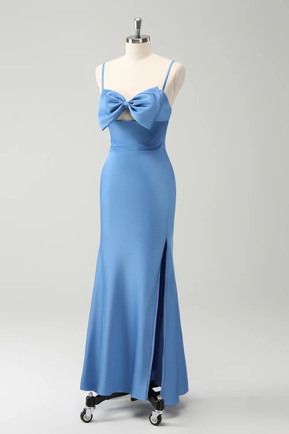 Blue Mermaid Spaghetti Straps Satin Bridesmaid Dress with Bow