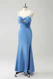 Blue Mermaid Spaghetti Straps Satin Bridesmaid Dress with Bow