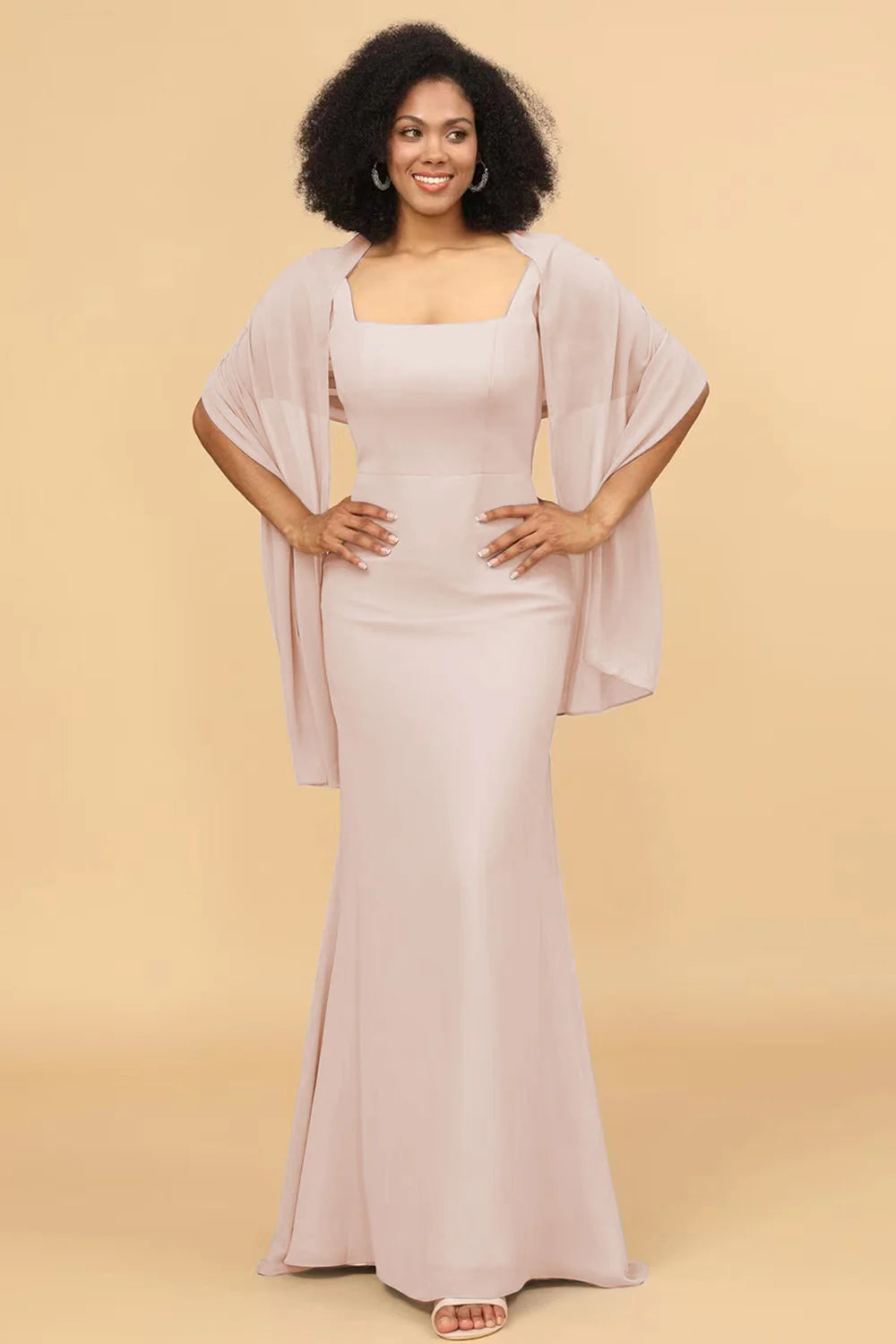 Mermaid Square Neck Long Chiffon Bridesmaid Dress with Cape
