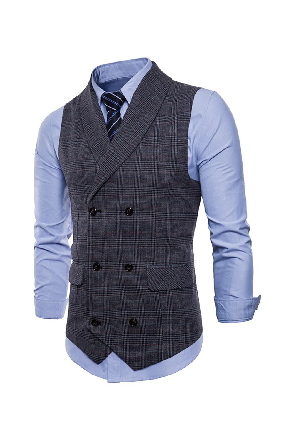 Mens Grey Pinstripe Double Breasted Shawl Lapel Suit Vest