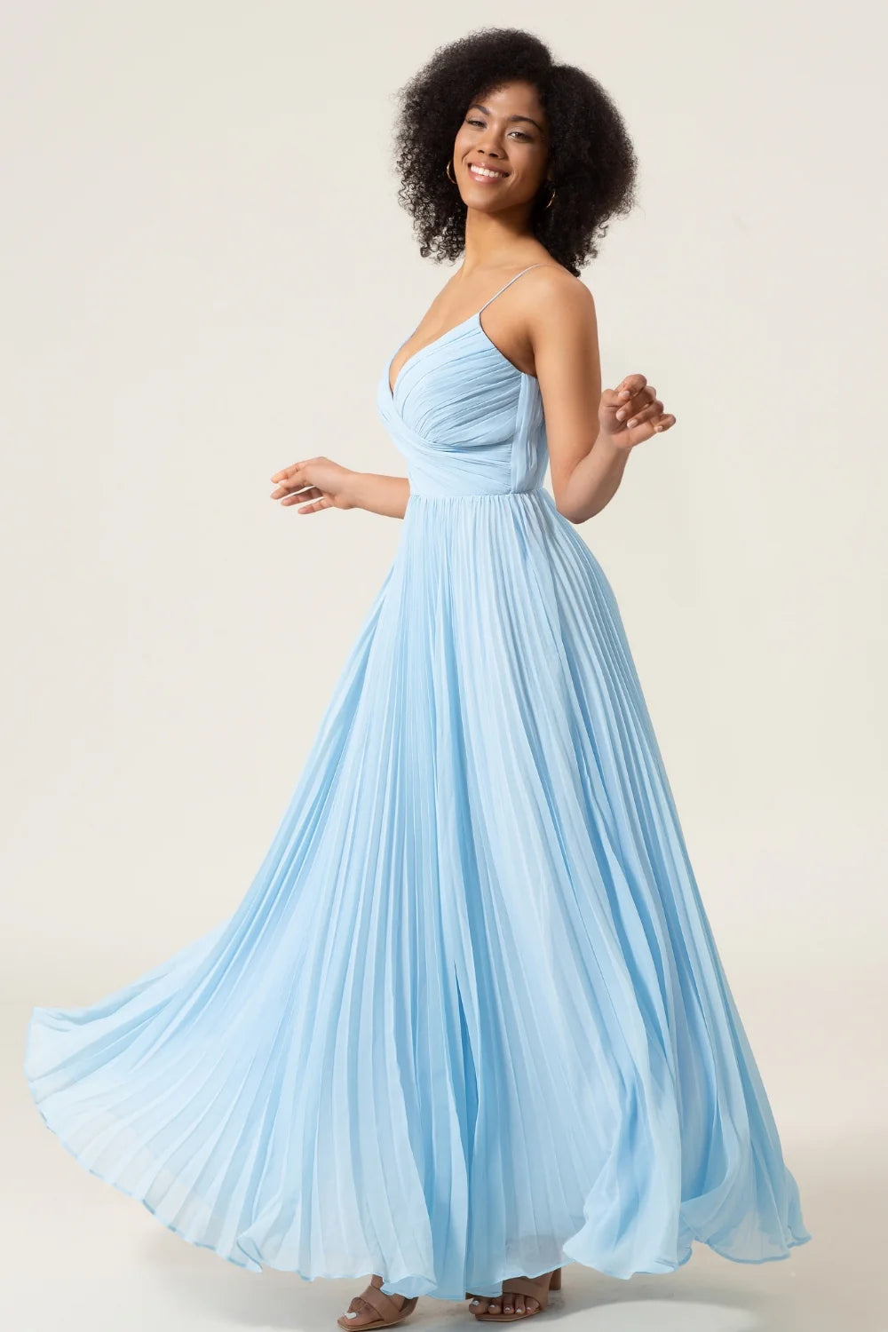 Sky Blue A Line Spaghetti Straps Pleated Chiffon Bridesmaid Dress