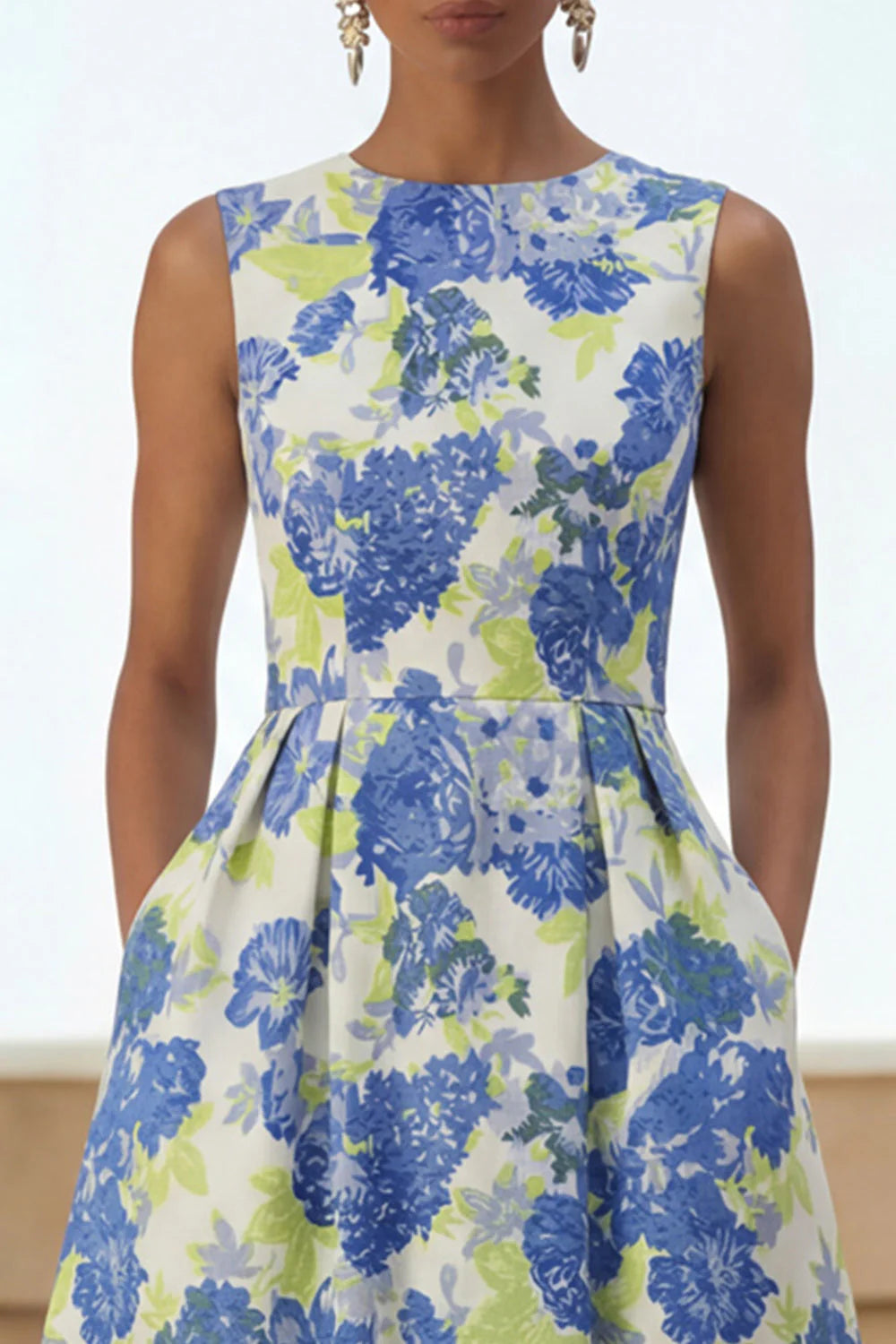 Blue Daffodil Flower A Line Midi Wedding Guest Dress with Pockets