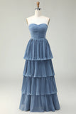 Dusty Blue A Line Strapless Pleated Tiered Long Bridesmaid Dress with Ruffles