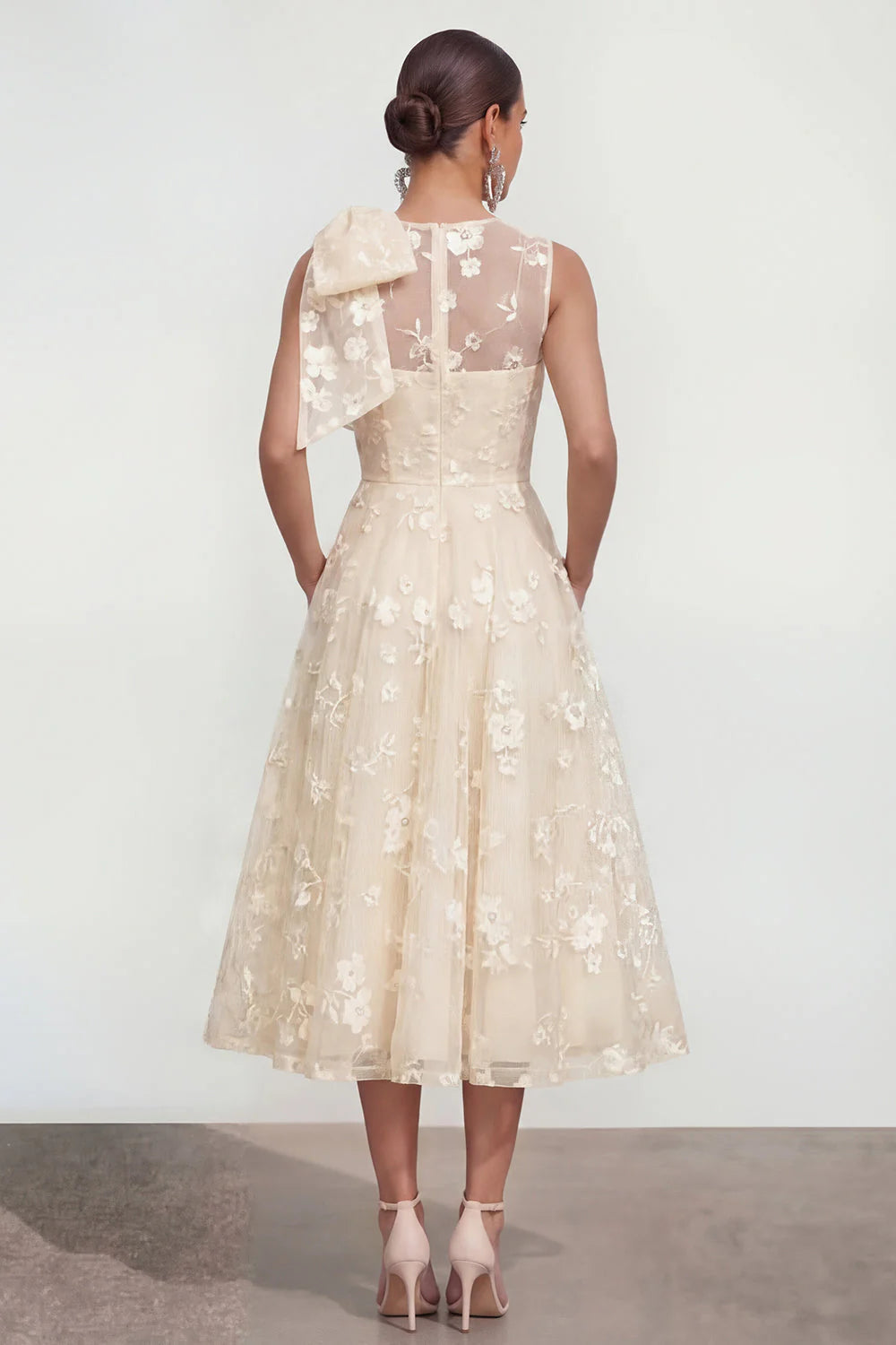 Floral Apricot A Line Bowed Midi Wedding Guest Dress