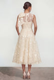 Floral Apricot A Line Bowed Midi Wedding Guest Dress